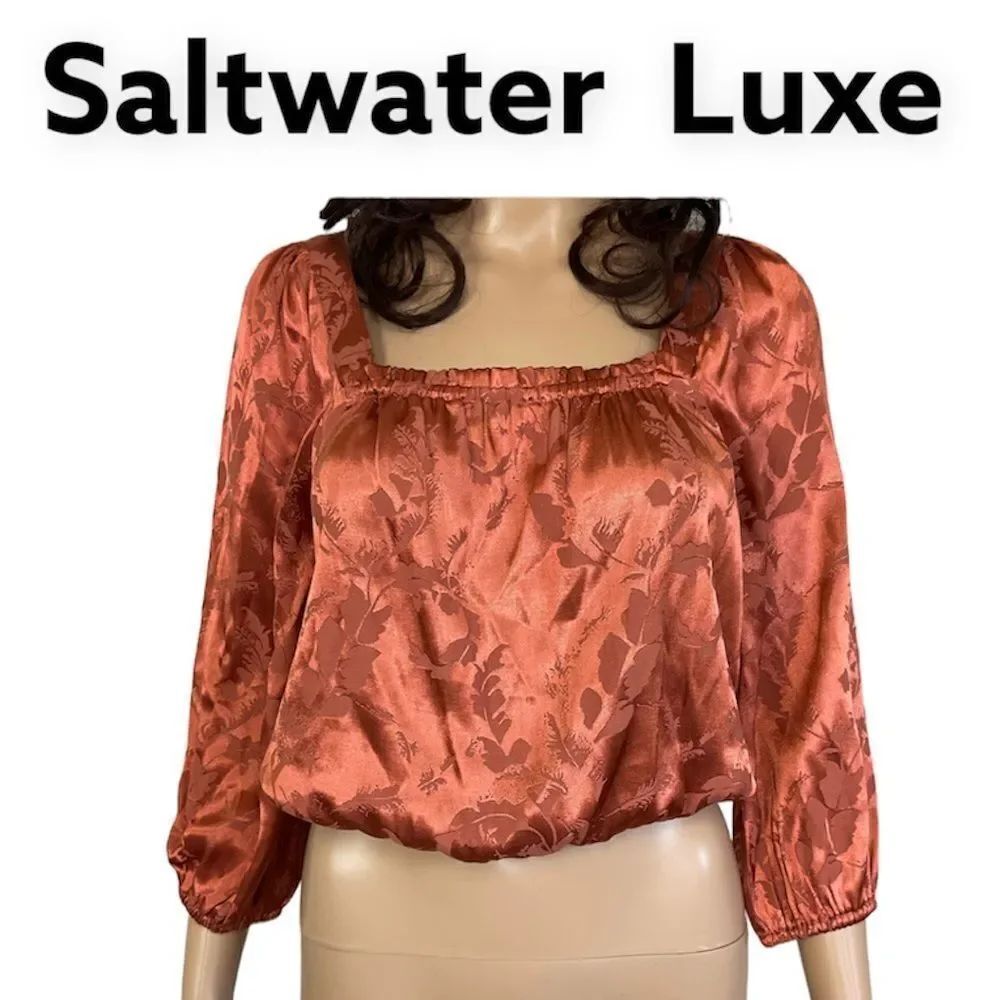 Saltwater Luxe rust floral print satin square neckline crop top S